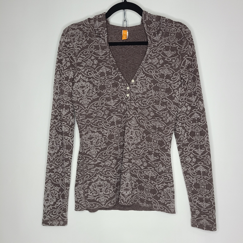 Lucy Top Long Sleeve V-Neck Hooded Thermal Brown White Warm Size Small